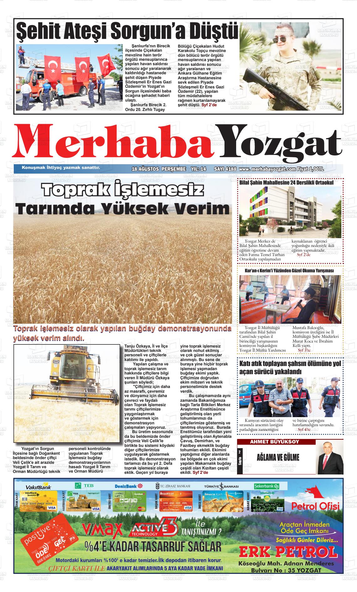 18 Ağustos 2022 Merhaba Yozgat Gazete Manşeti