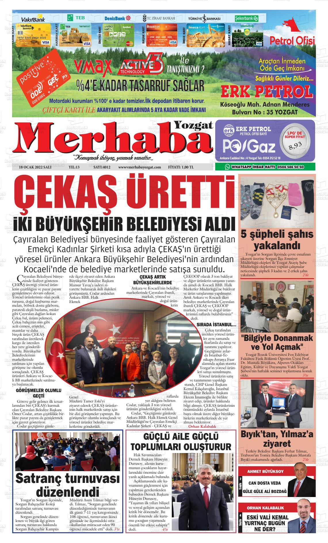 18 Ocak 2022 Merhaba Yozgat Gazete Manşeti