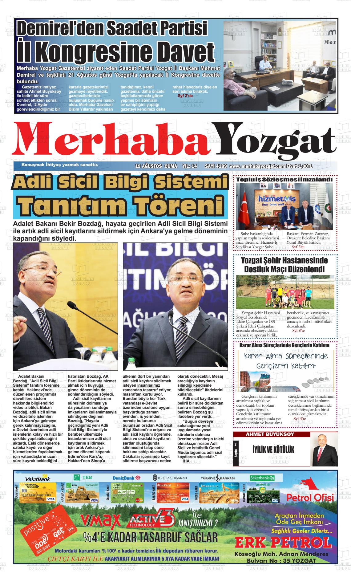 19 Ağustos 2022 Merhaba Yozgat Gazete Manşeti
