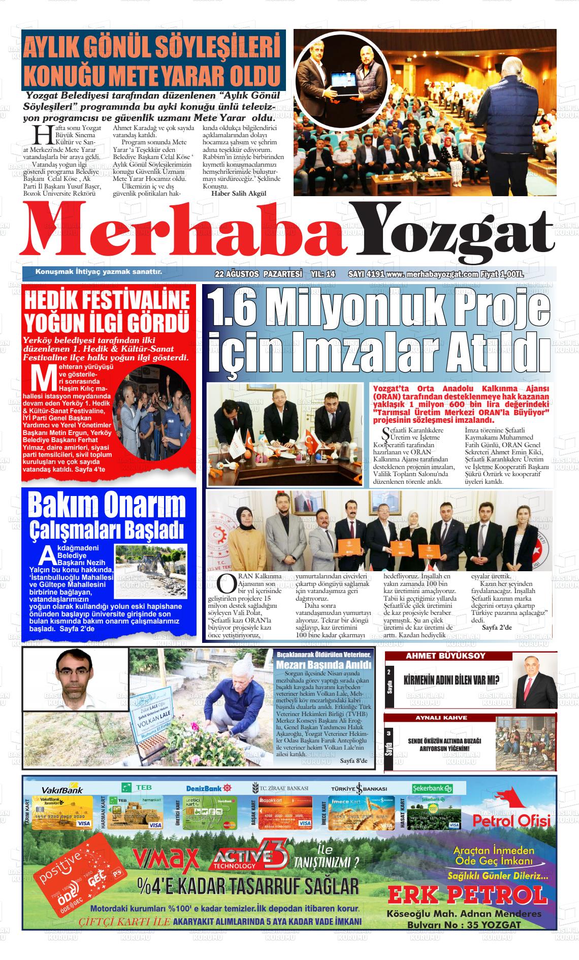 23 Ağustos 2022 Merhaba Yozgat Gazete Manşeti