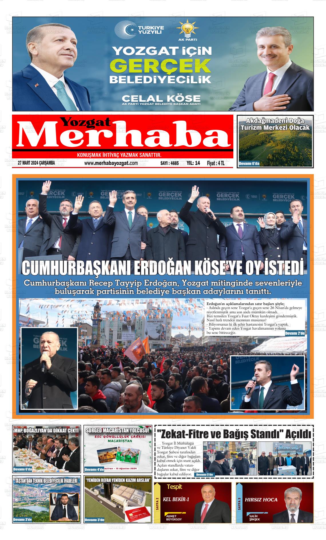 27 Mart 2024 Merhaba Yozgat Gazete Manşeti
