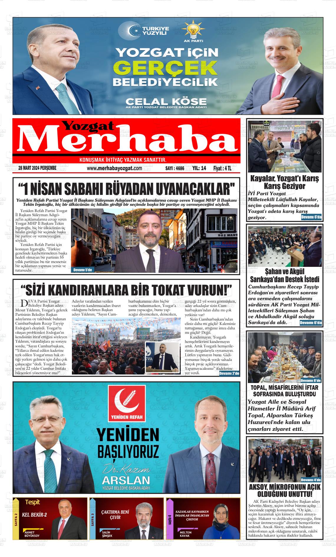 28 Mart 2024 Merhaba Yozgat Gazete Manşeti