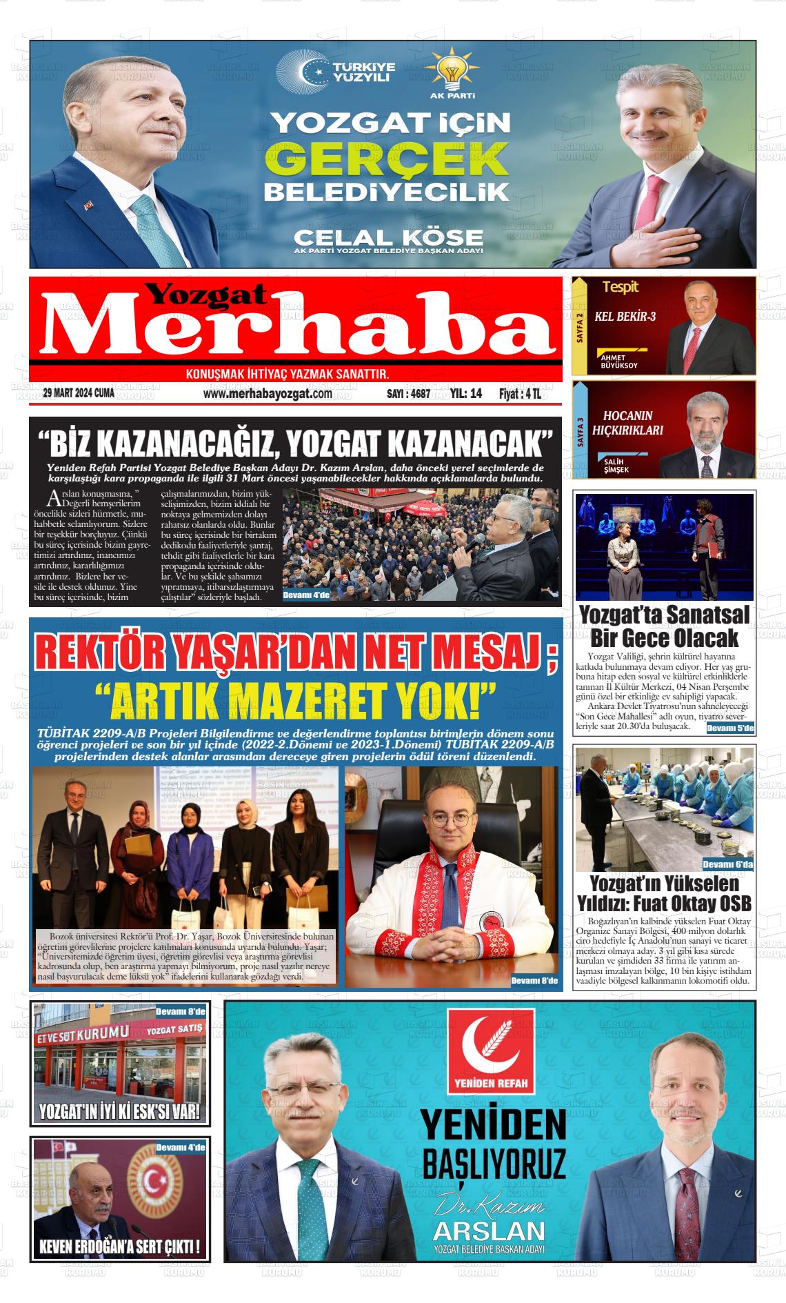 29 Mart 2024 Merhaba Yozgat Gazete Manşeti