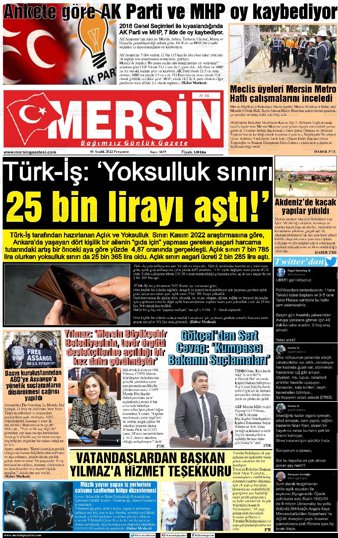 01 Aralık 2022 Mersin Gazete Manşeti