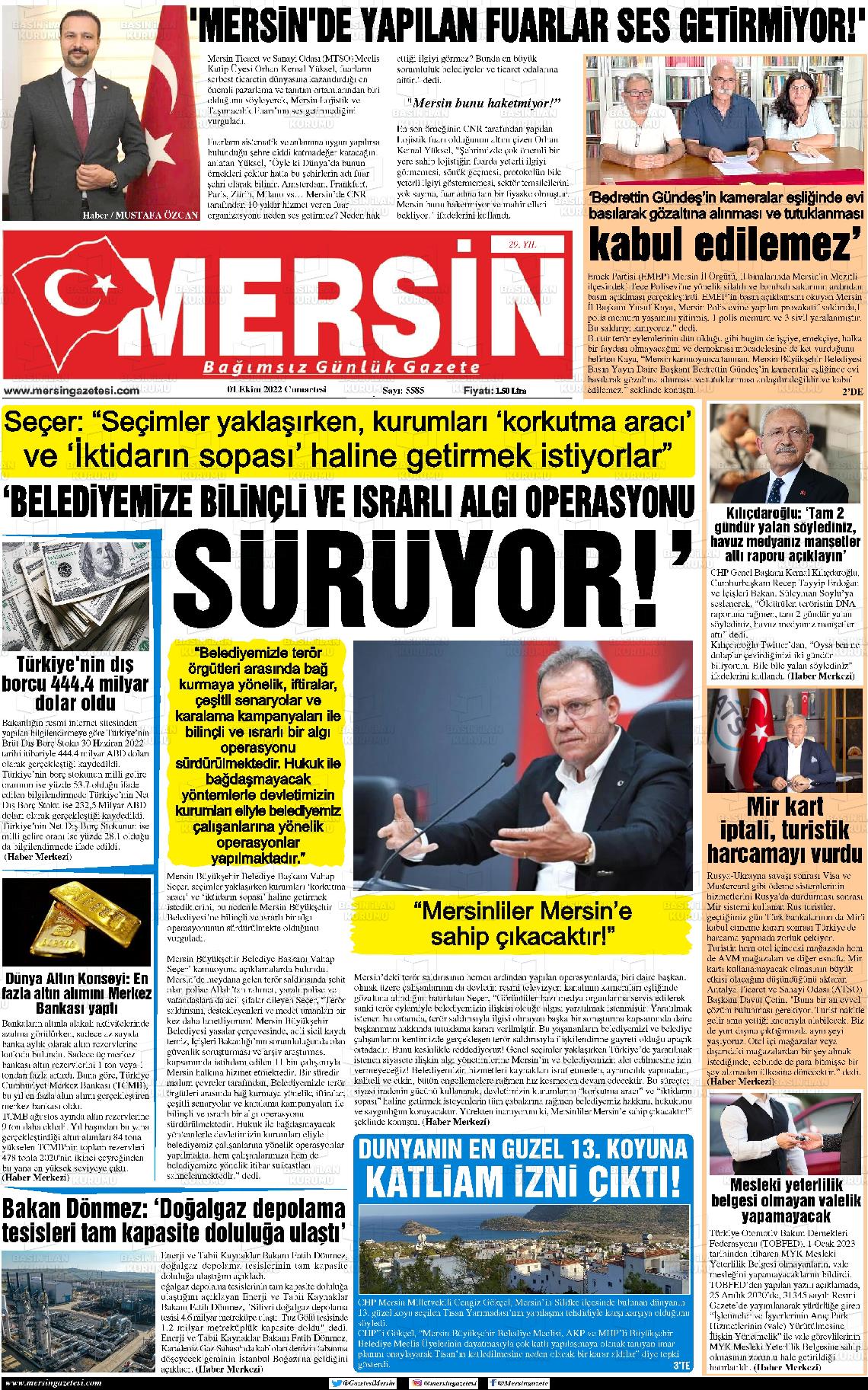 01 Ekim 2022 Mersin Gazete Manşeti