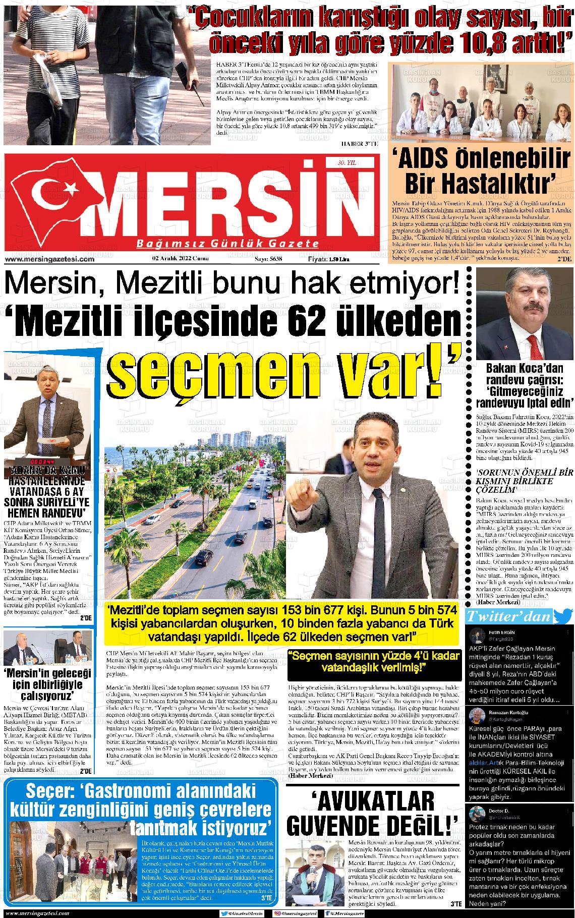 02 Aralık 2022 Mersin Gazete Manşeti