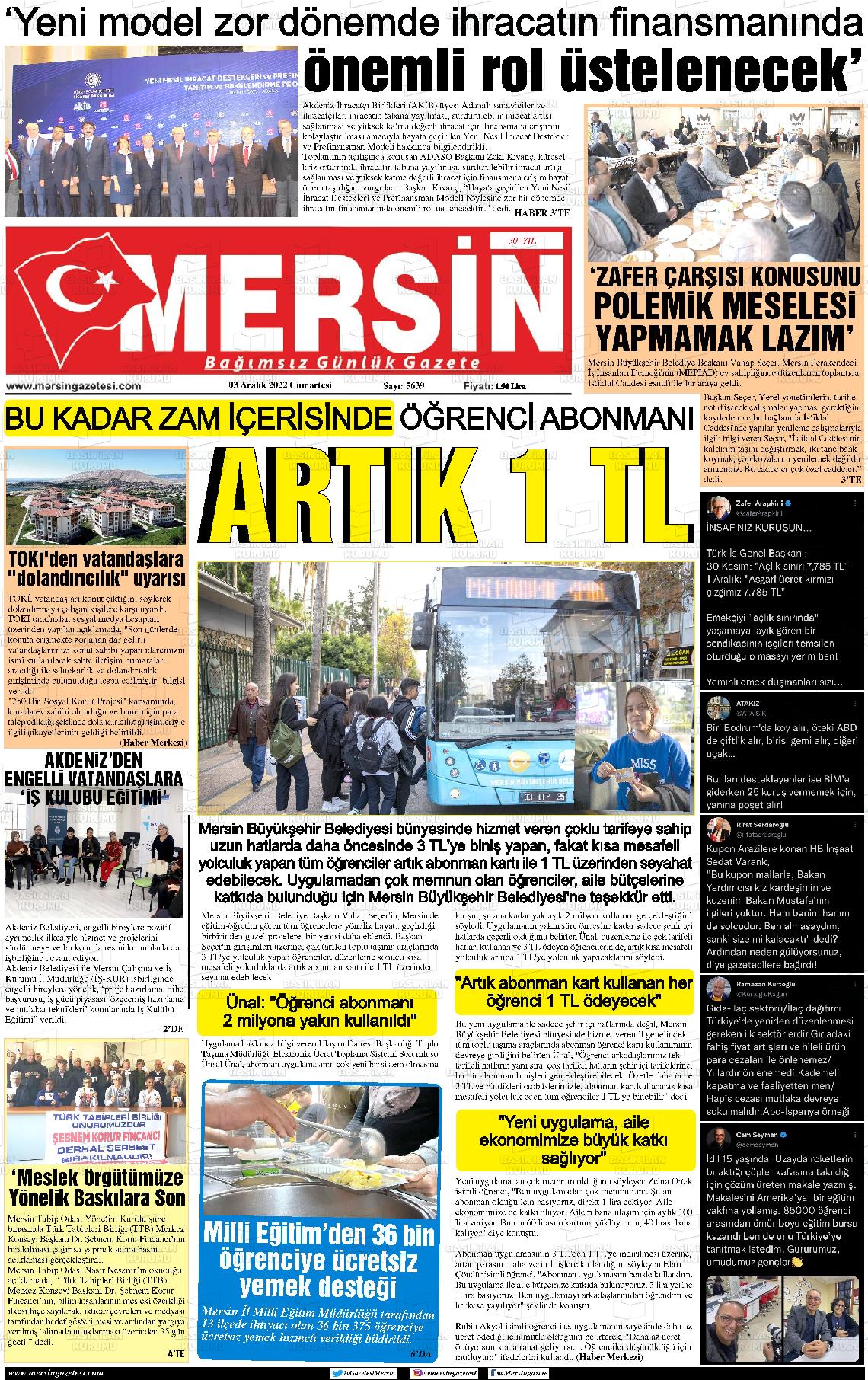 03 Aralık 2022 Mersin Gazete Manşeti