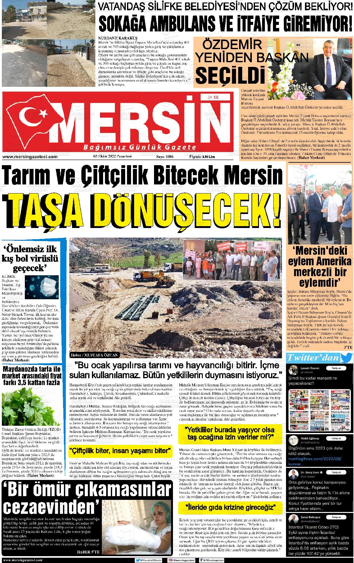 03 Ekim 2022 Mersin Gazete Manşeti