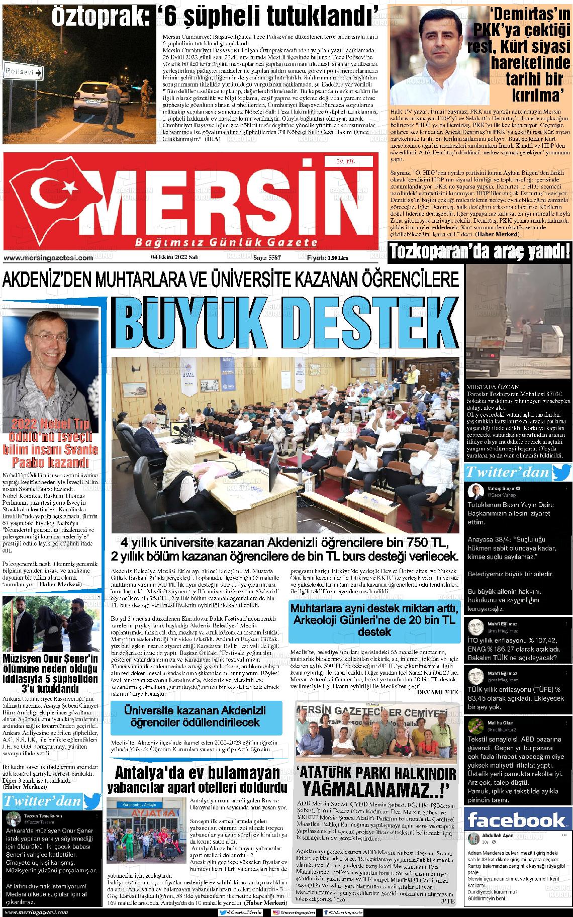04 Ekim 2022 Mersin Gazete Manşeti