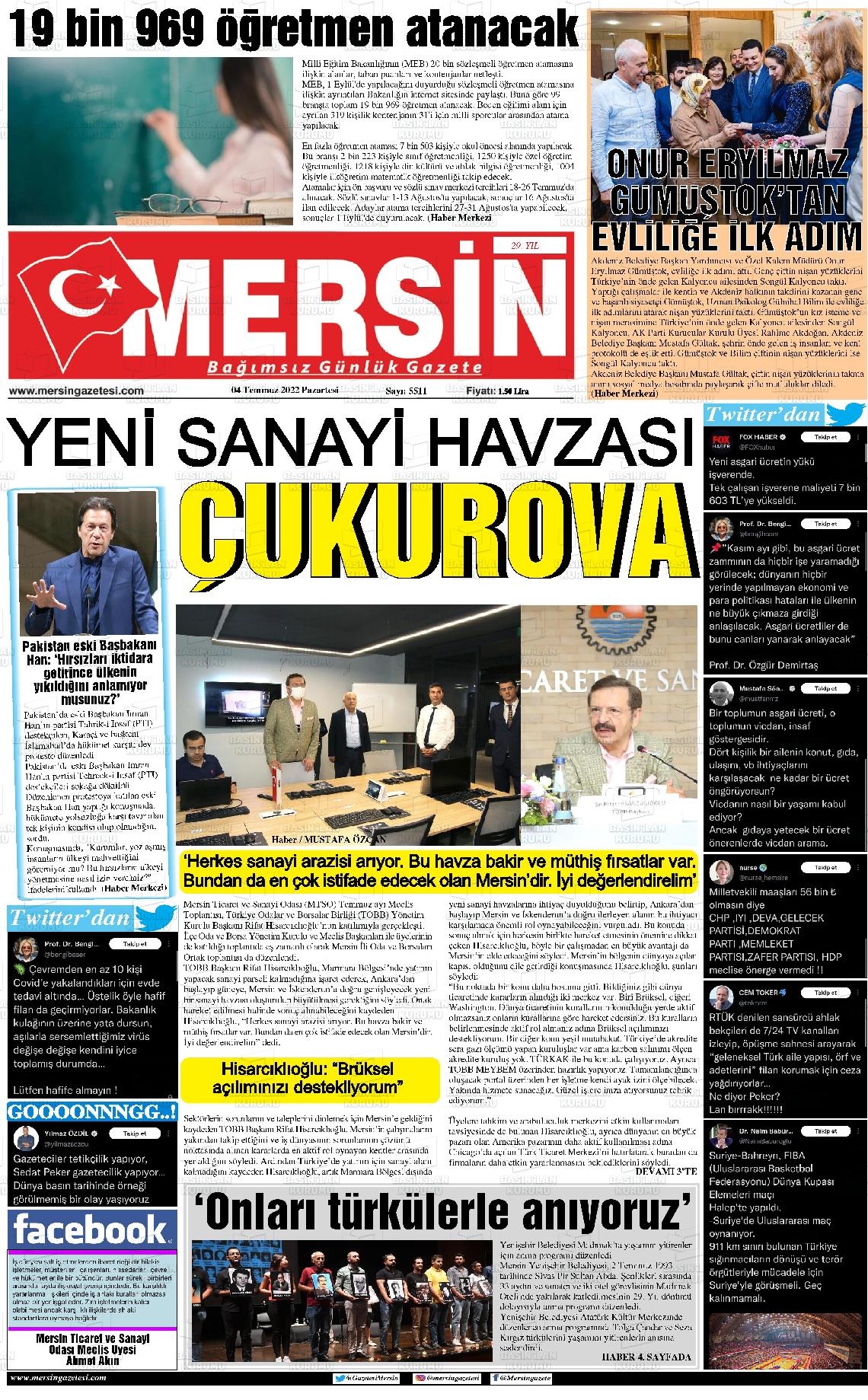 04 Temmuz 2022 Mersin Gazete Manşeti