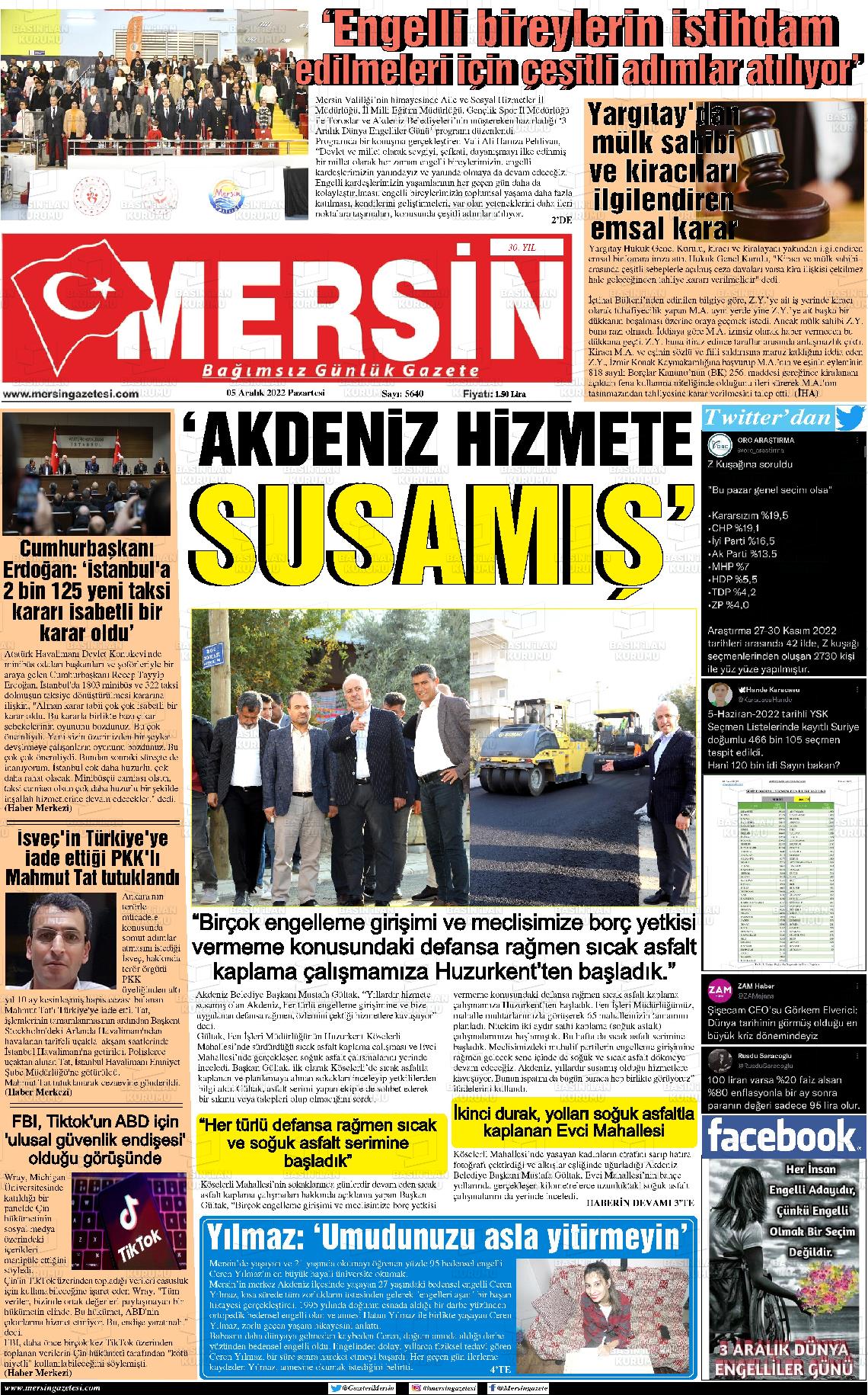 05 Aralık 2022 Mersin Gazete Manşeti