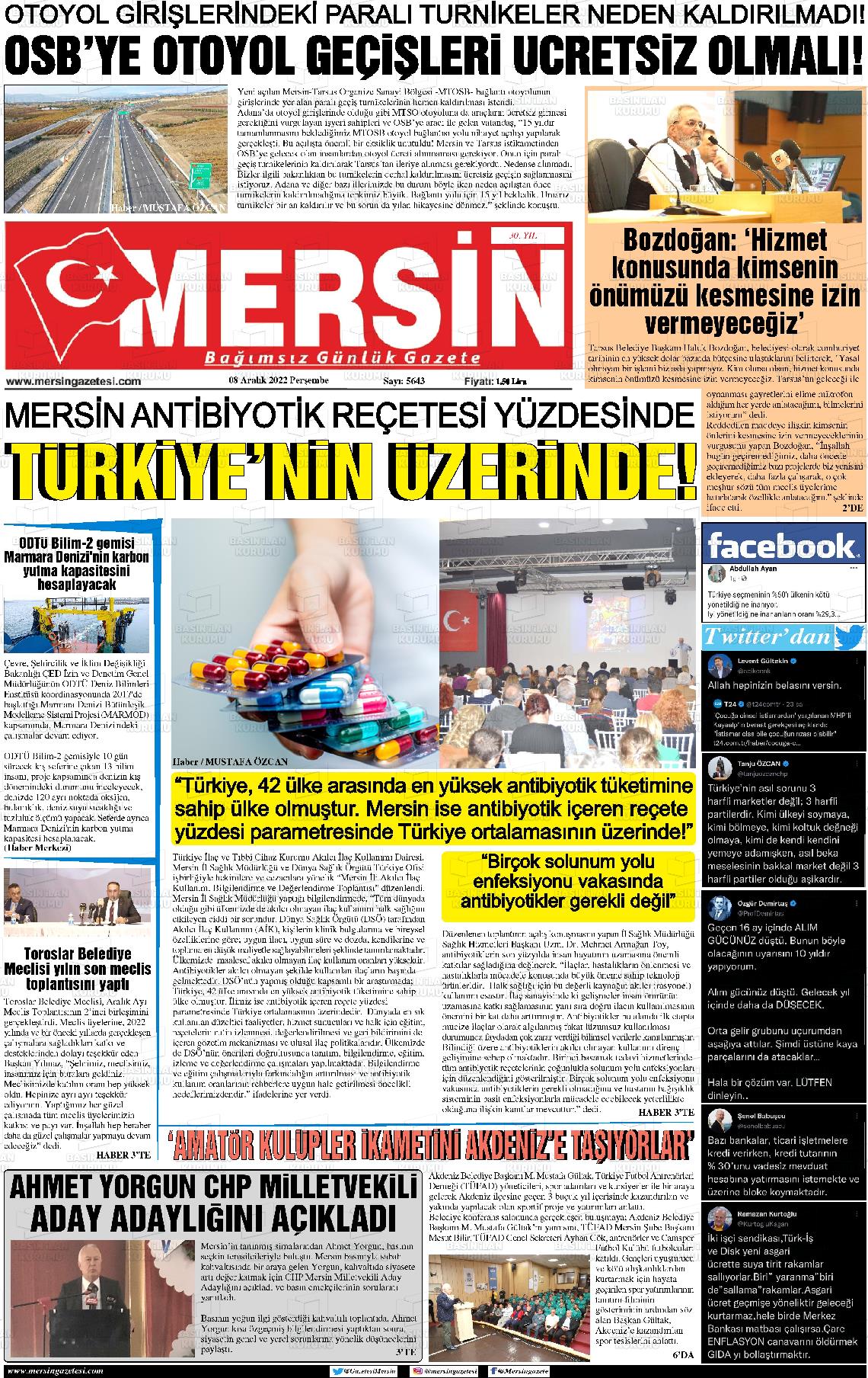 08 Aralık 2022 Mersin Gazete Manşeti