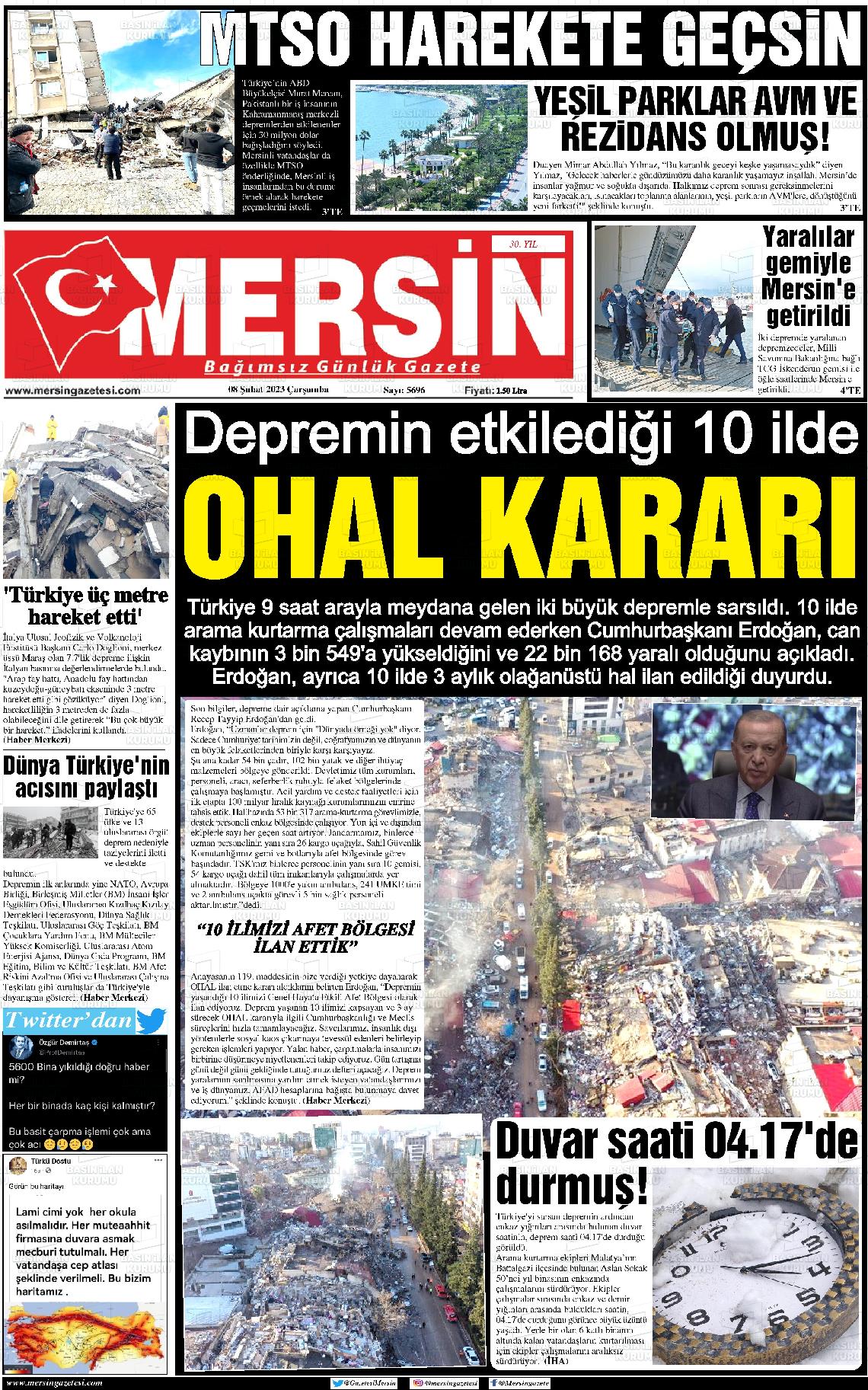 08 Şubat 2023 Mersin Gazete Manşeti