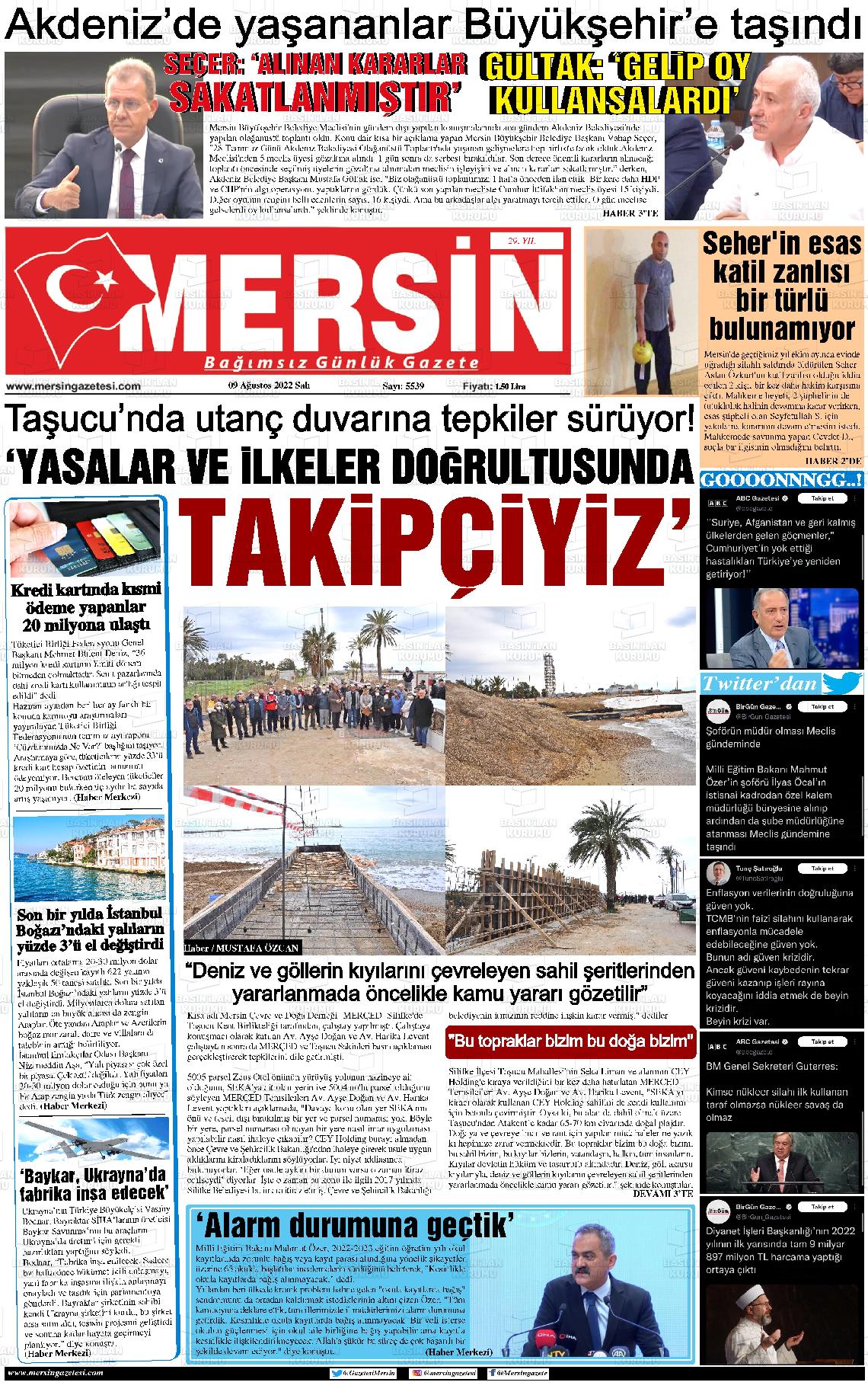 09 Ağustos 2022 Mersin Gazete Manşeti