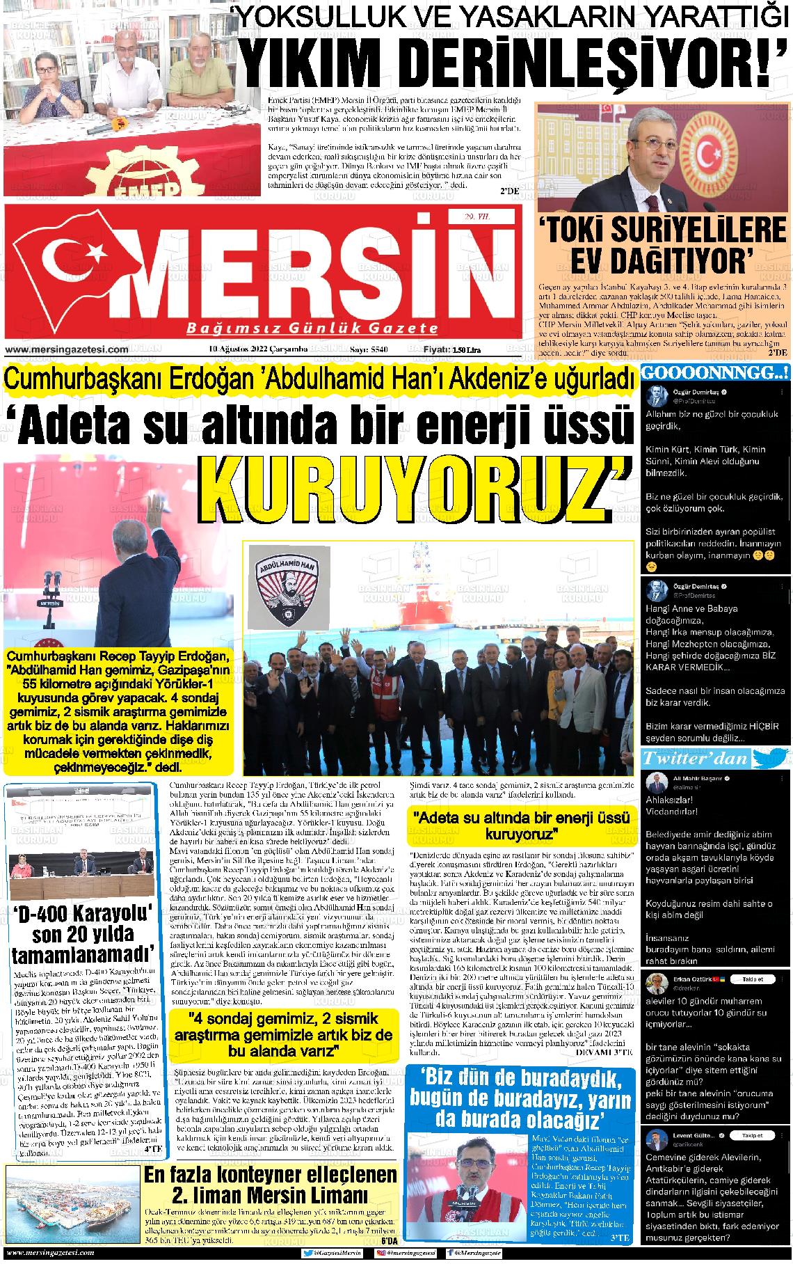 10 Ağustos 2022 Mersin Gazete Manşeti