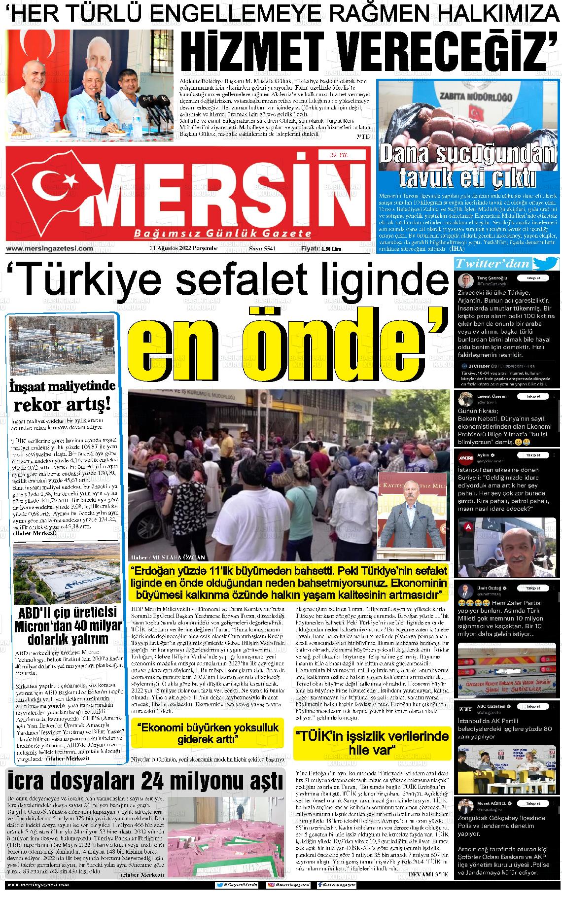 11 Ağustos 2022 Mersin Gazete Manşeti