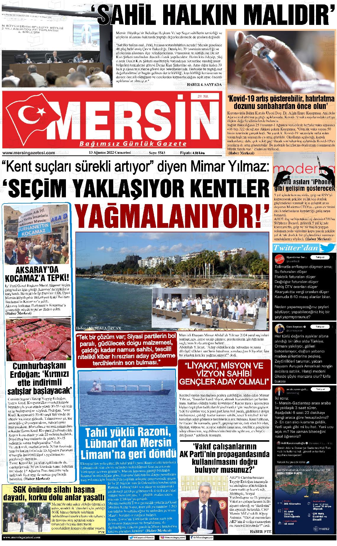 13 Ağustos 2022 Mersin Gazete Manşeti