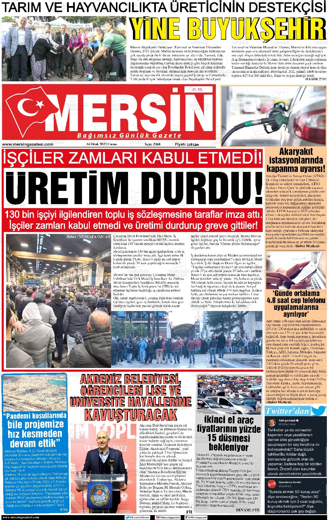 14 Ocak 2022 Mersin Gazete Manşeti