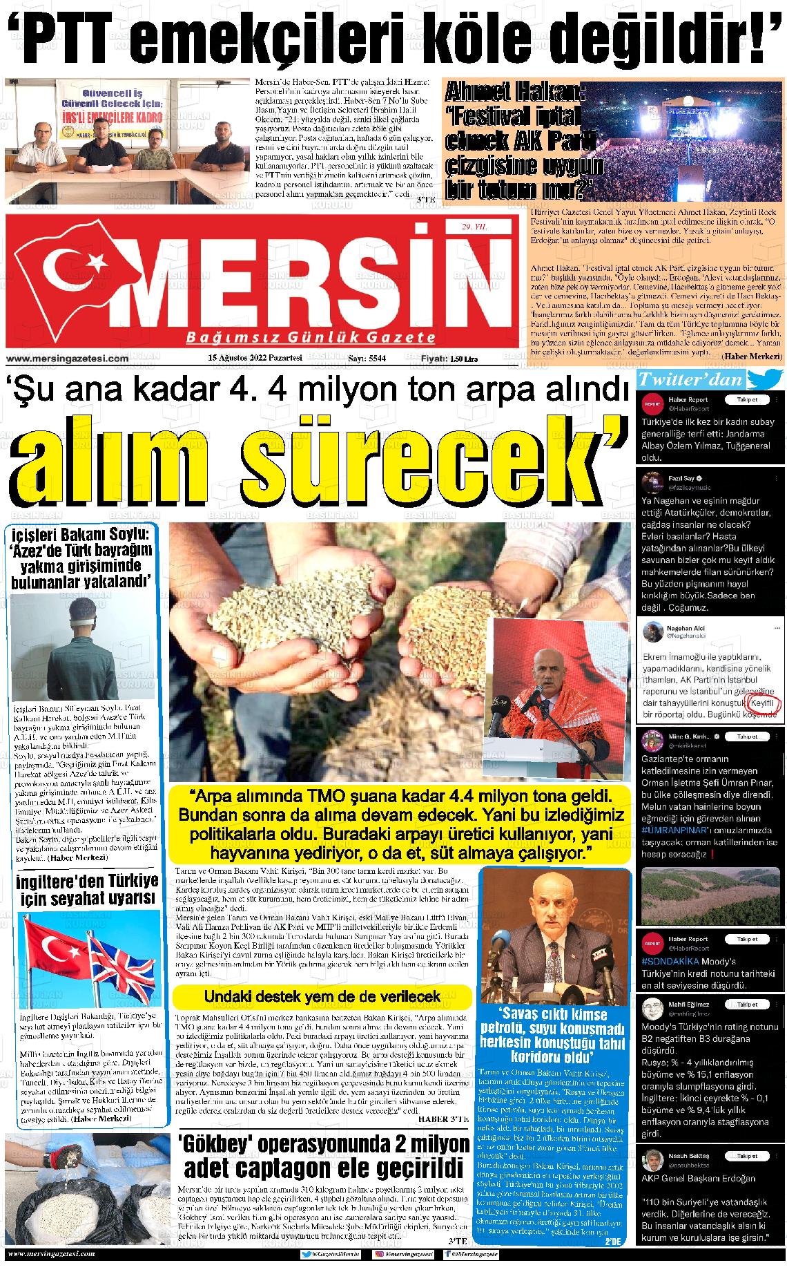 15 Ağustos 2022 Mersin Gazete Manşeti
