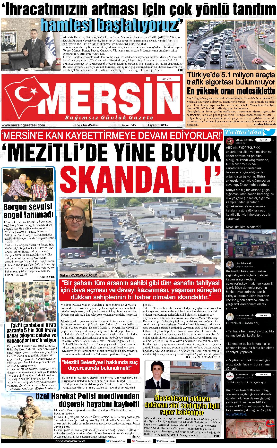 16 Ağustos 2022 Mersin Gazete Manşeti