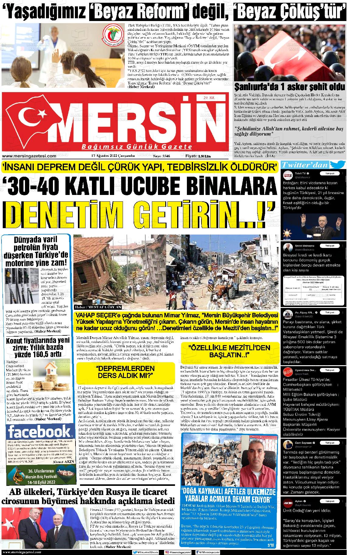 17 Ağustos 2022 Mersin Gazete Manşeti