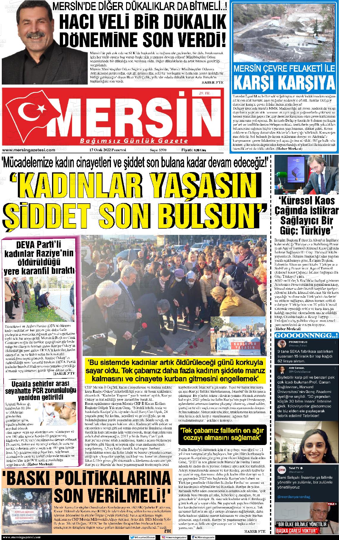 17 Ocak 2022 Mersin Gazete Manşeti