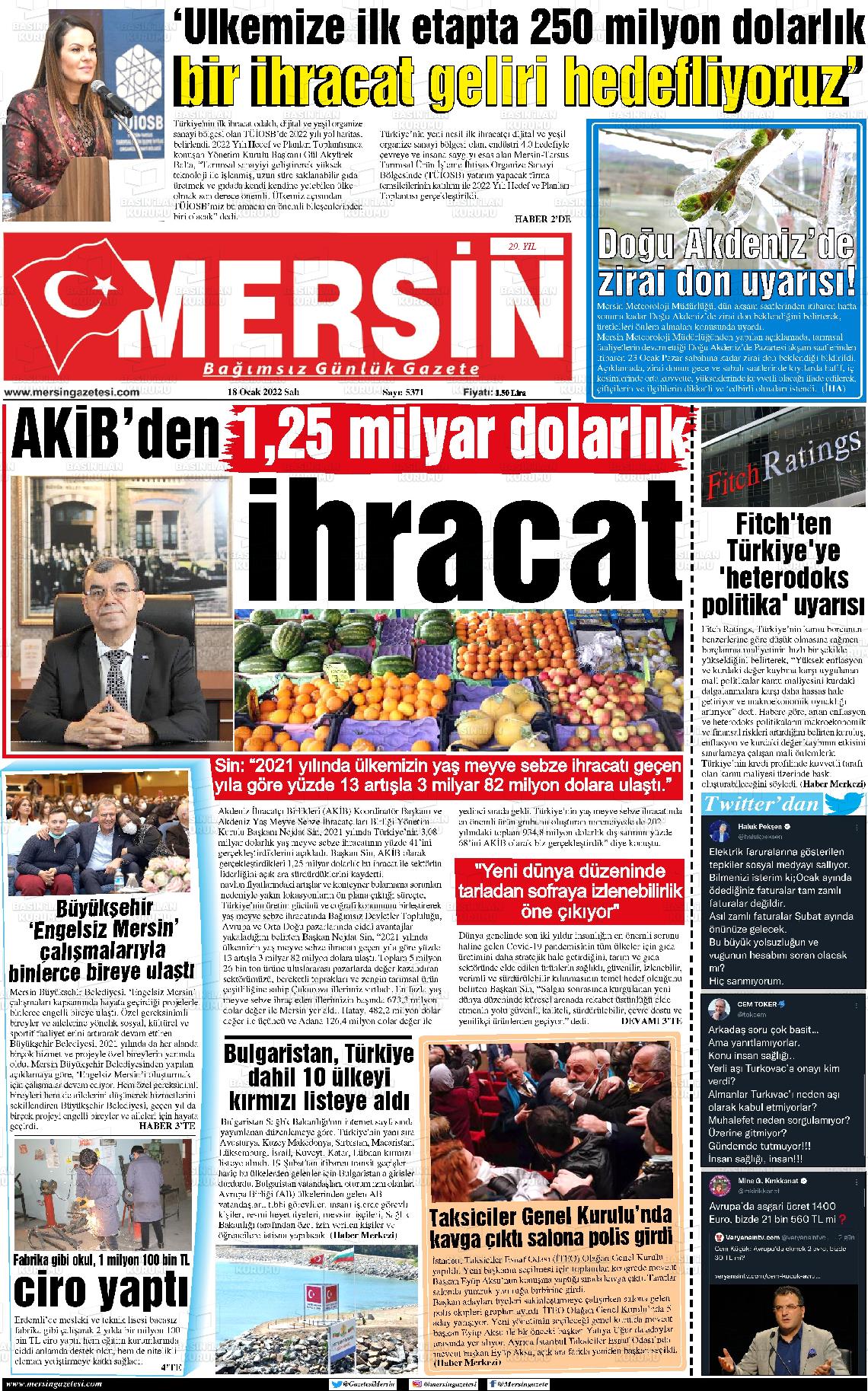 18 Ocak 2022 Mersin Gazete Manşeti