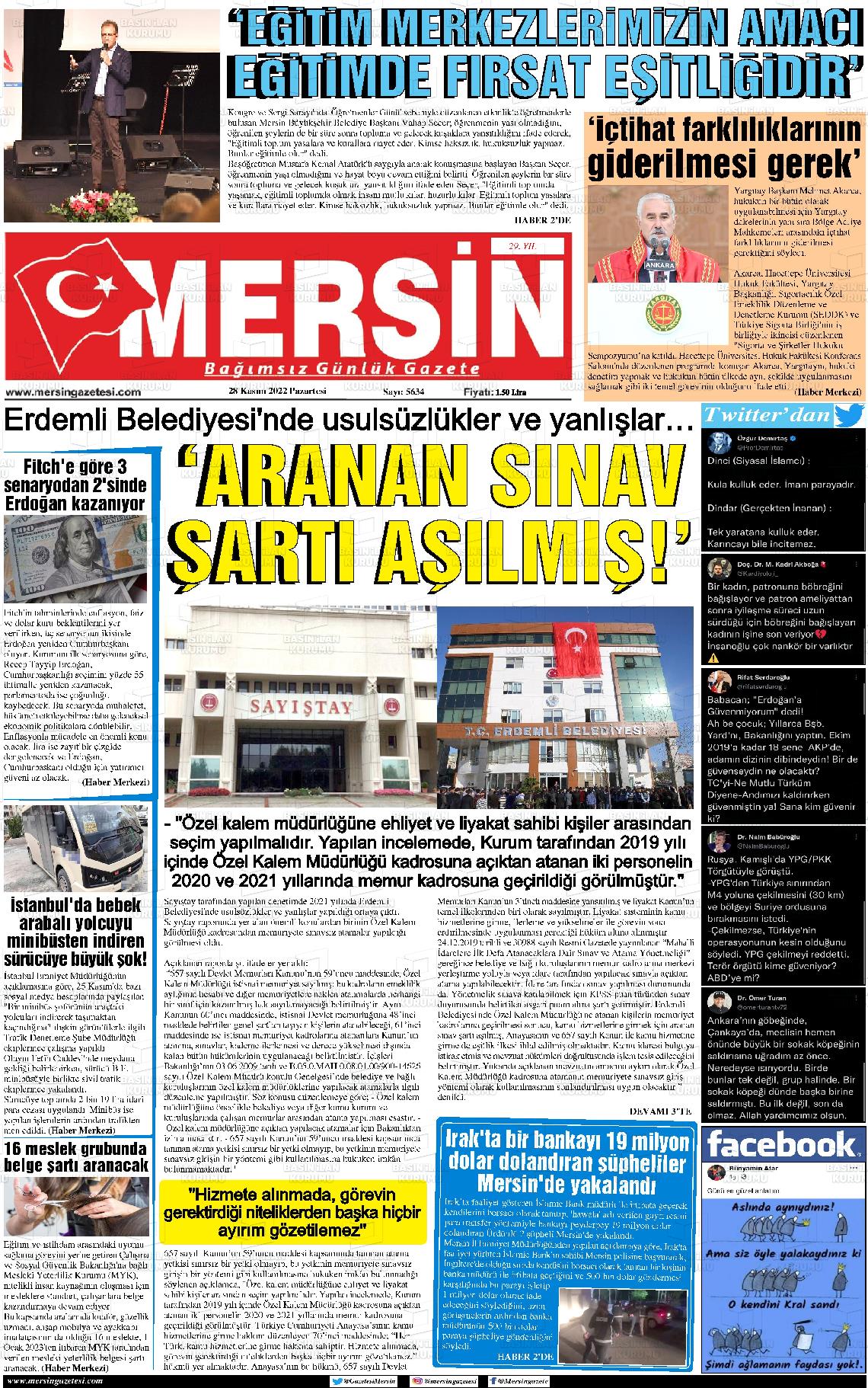 28 Kasım 2022 Mersin Gazete Manşeti