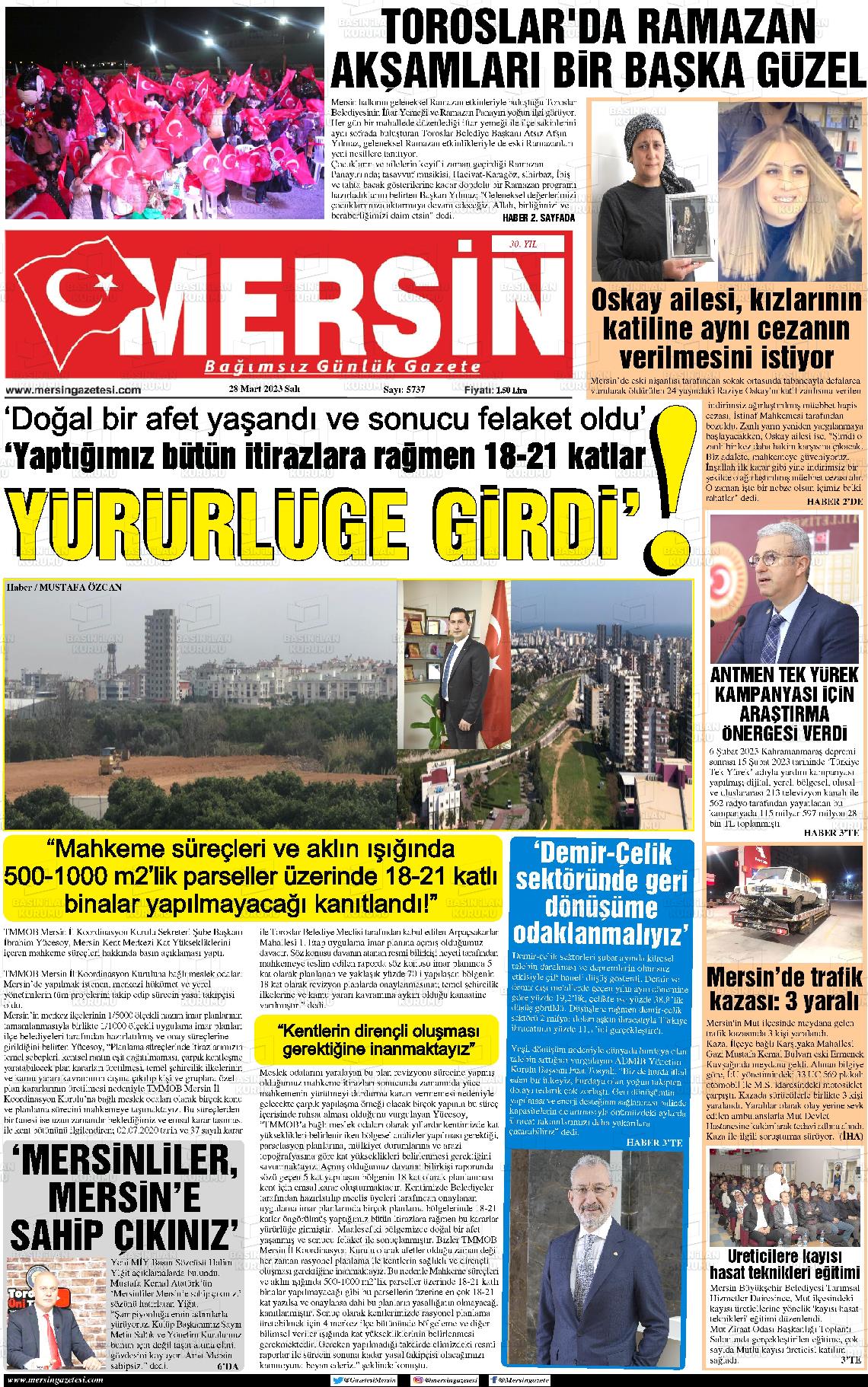 28 Mart 2023 Mersin Gazete Manşeti