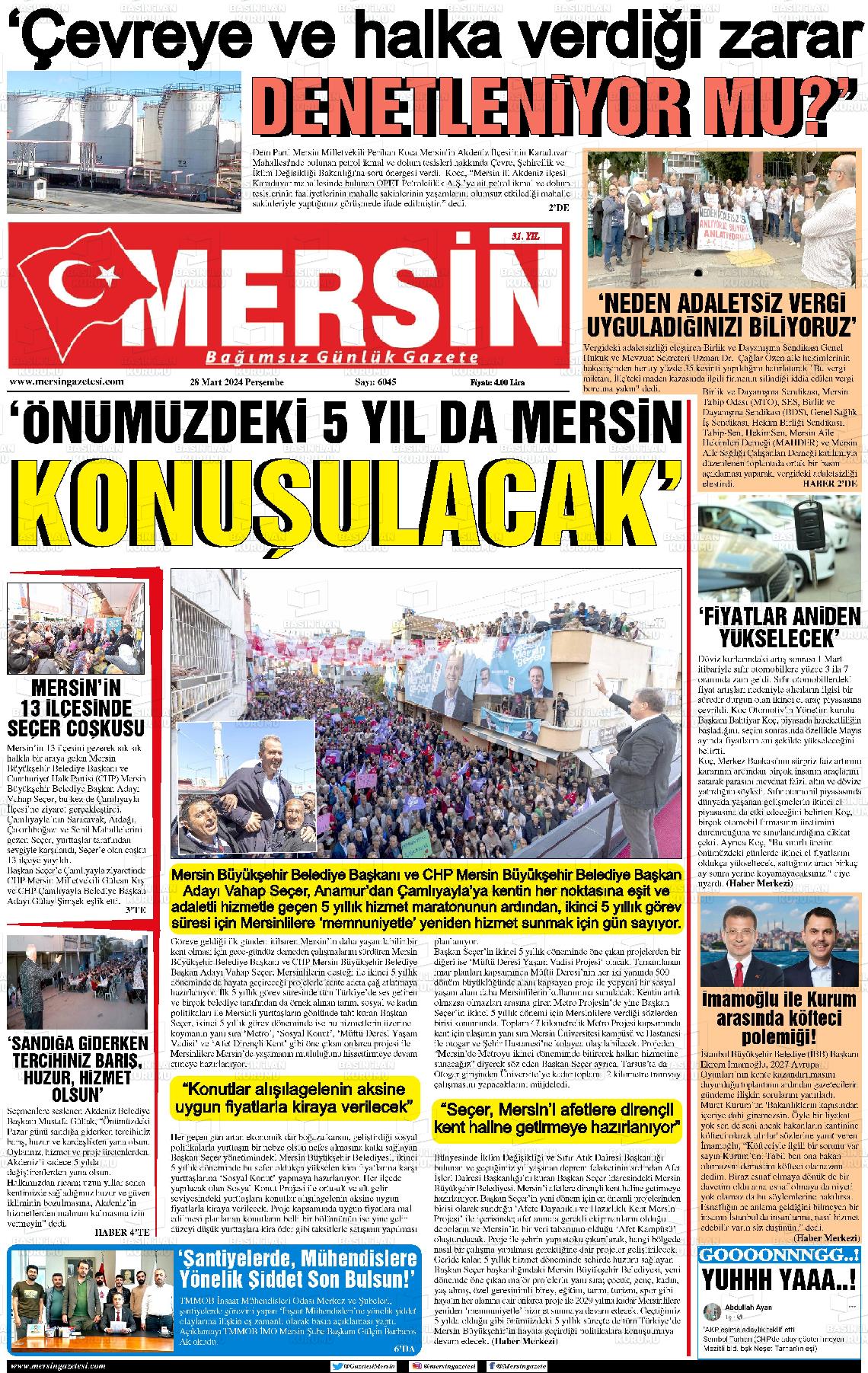 28 Mart 2024 Mersin Gazete Manşeti