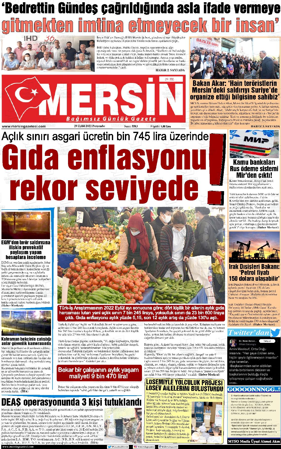 29 Eylül 2022 Mersin Gazete Manşeti
