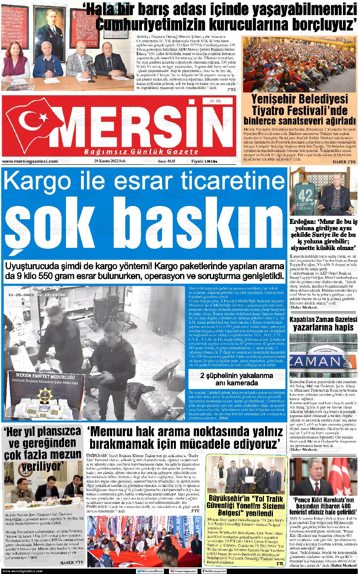 29 Kasım 2022 Mersin Gazete Manşeti