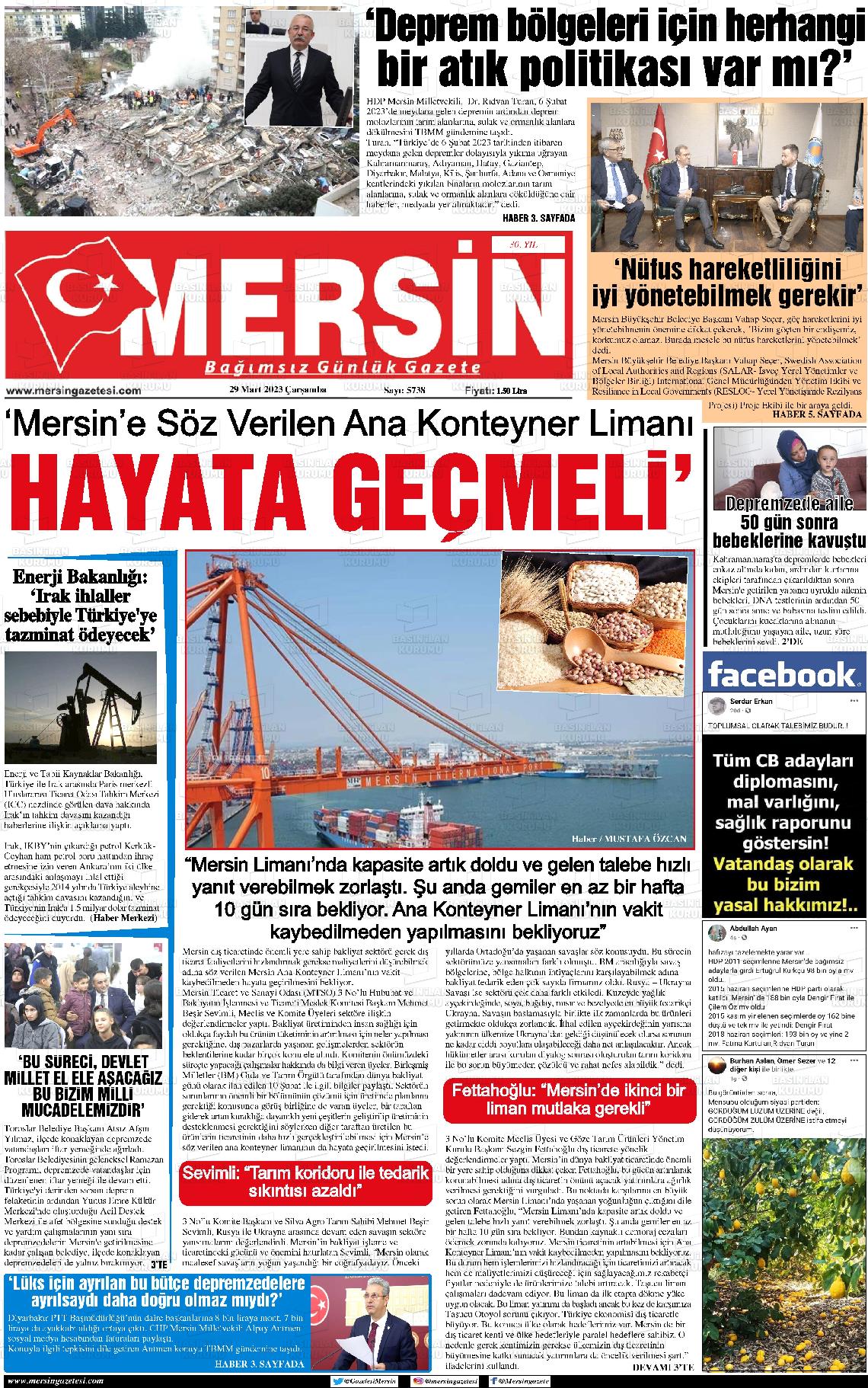 29 Mart 2023 Mersin Gazete Manşeti