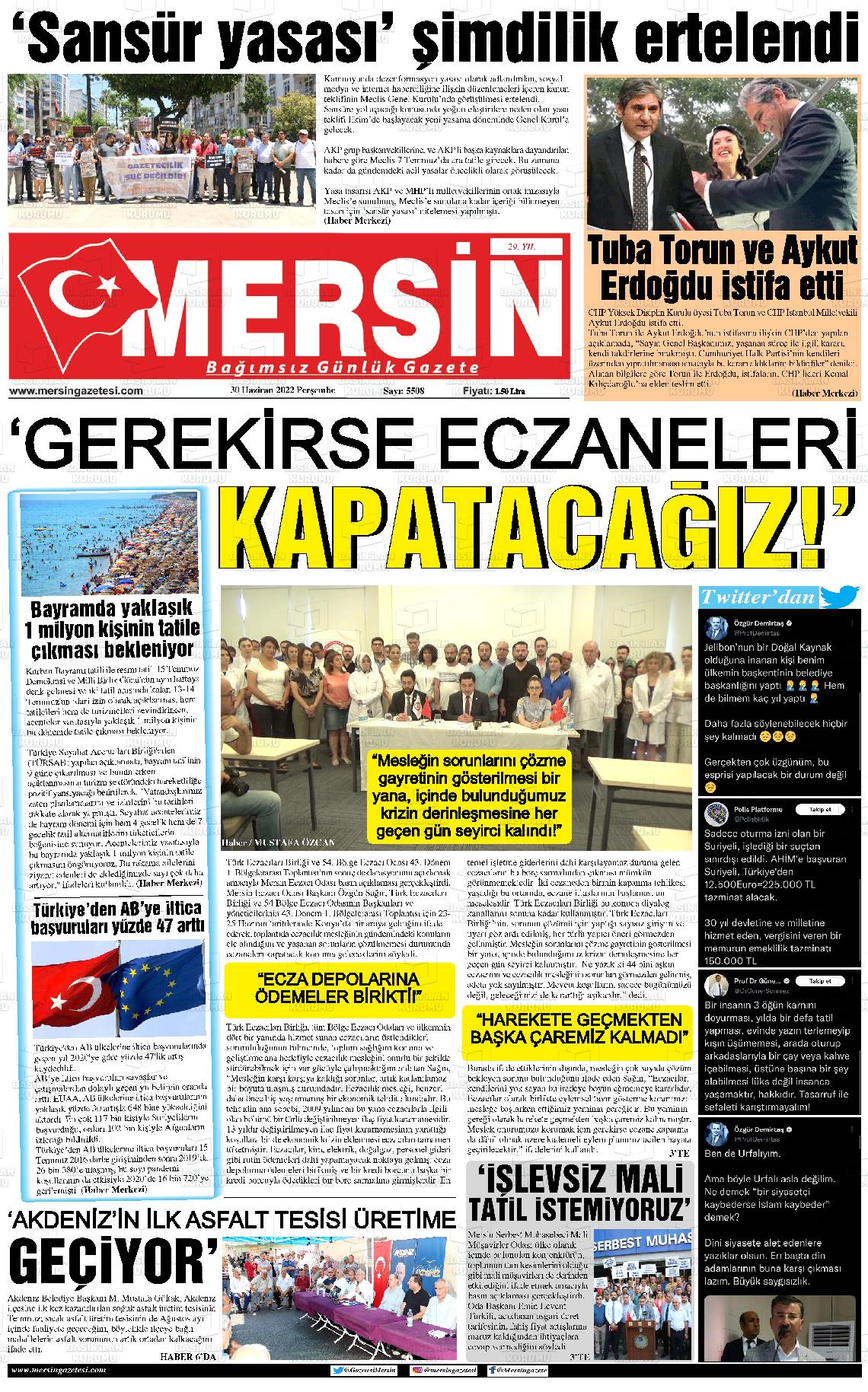 01 Temmuz 2022 Mersin Gazete Manşeti