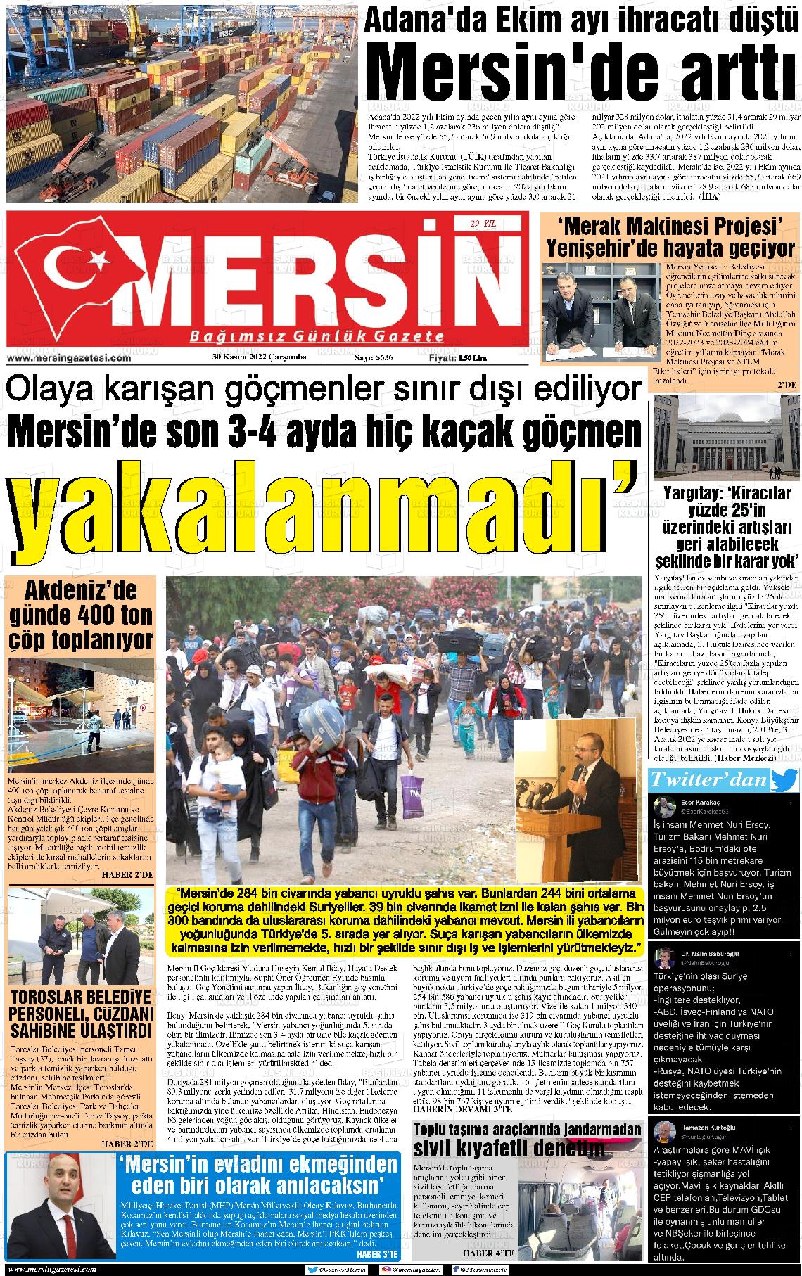 30 Kasım 2022 Mersin Gazete Manşeti