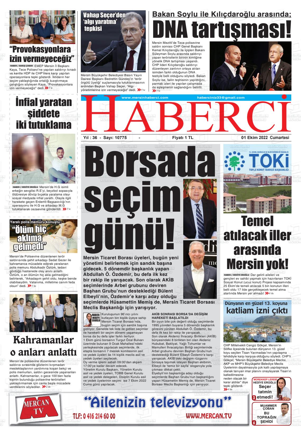 01 Ekim 2022 Mersin Haberci Gazete Manşeti
