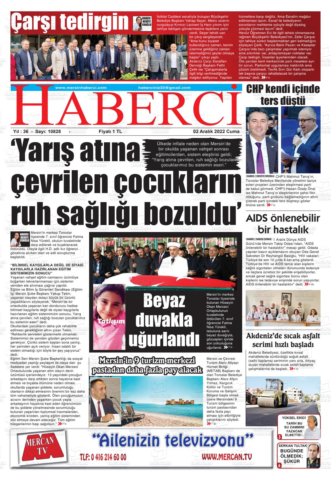 02 Aralık 2022 Mersin Haberci Gazete Manşeti
