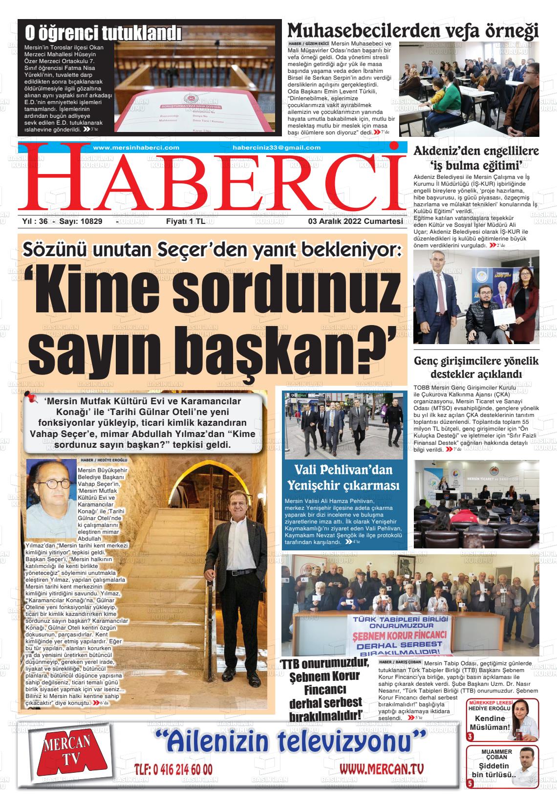 03 Aralık 2022 Mersin Haberci Gazete Manşeti