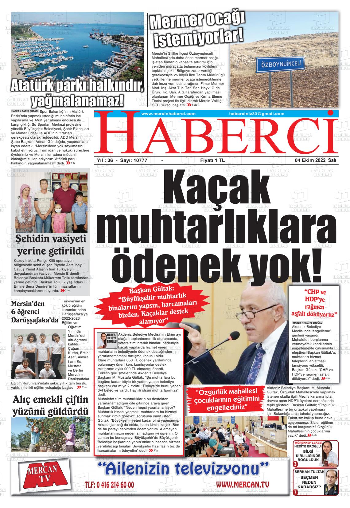 04 Ekim 2022 Mersin Haberci Gazete Manşeti