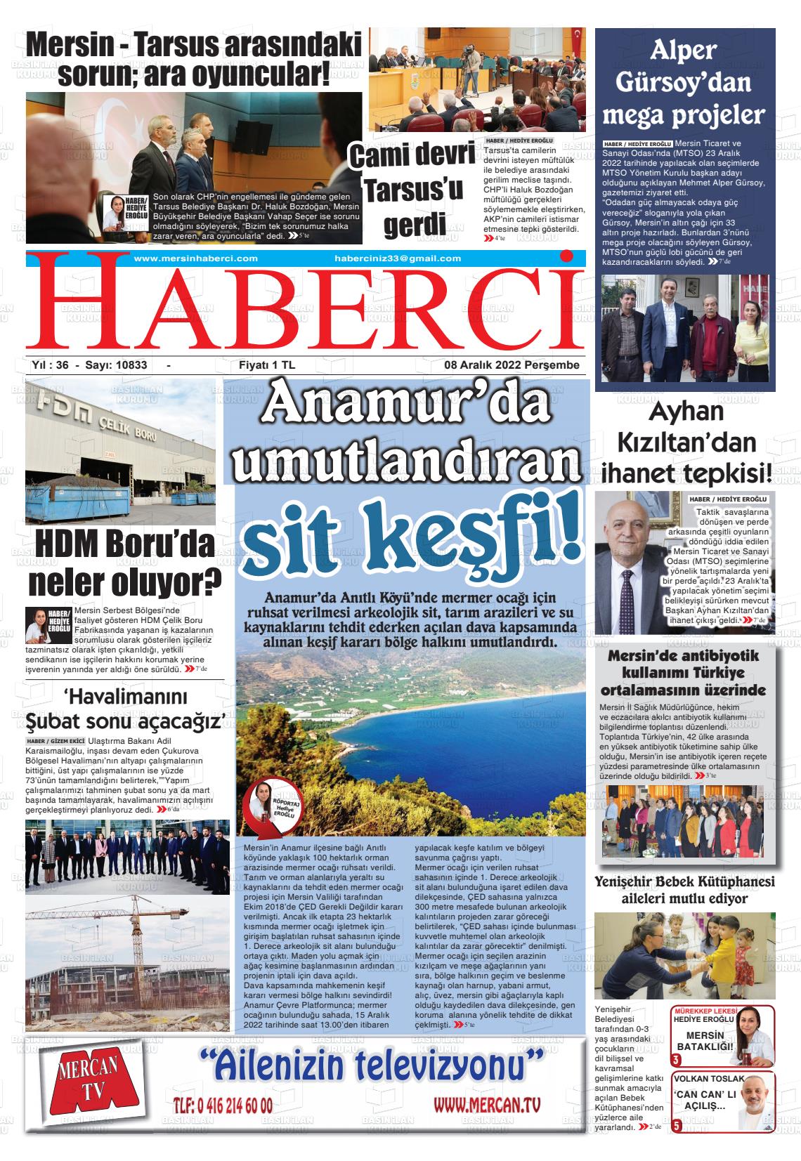 08 Aralık 2022 Mersin Haberci Gazete Manşeti