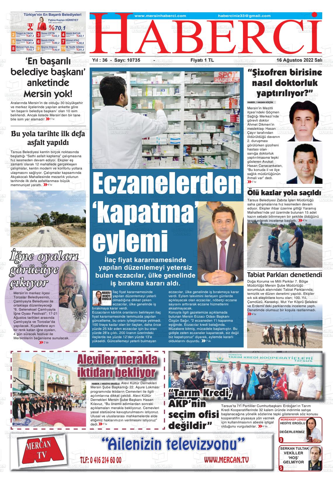 16 Ağustos 2022 Mersin Haberci Gazete Manşeti