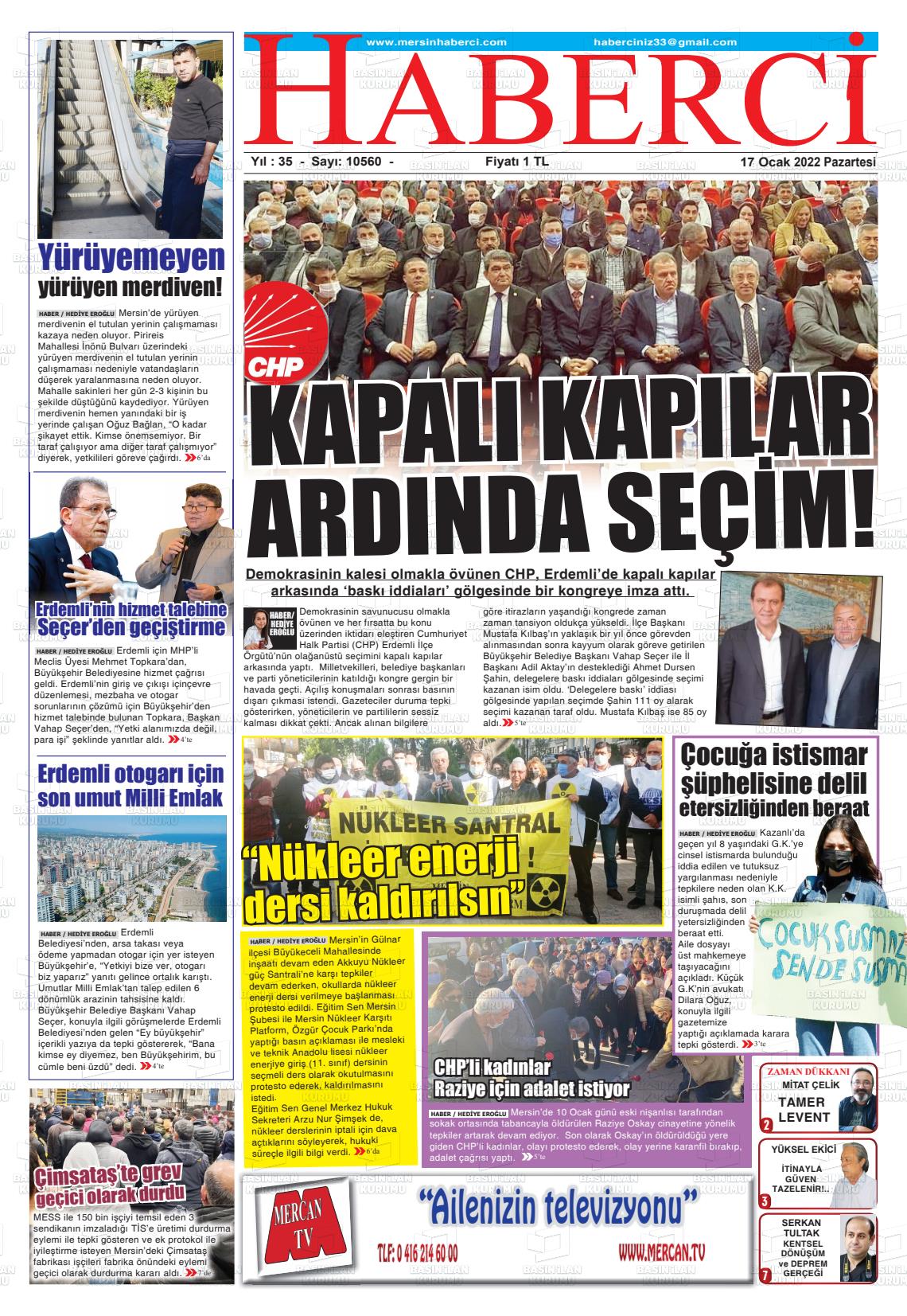 17 Ocak 2022 Mersin Haberci Gazete Manşeti