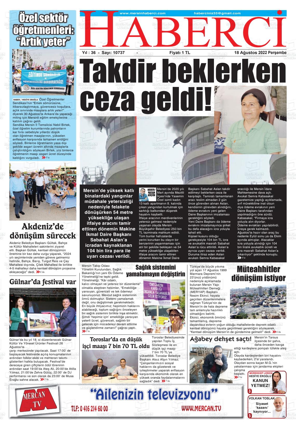 18 Ağustos 2022 Mersin Haberci Gazete Manşeti