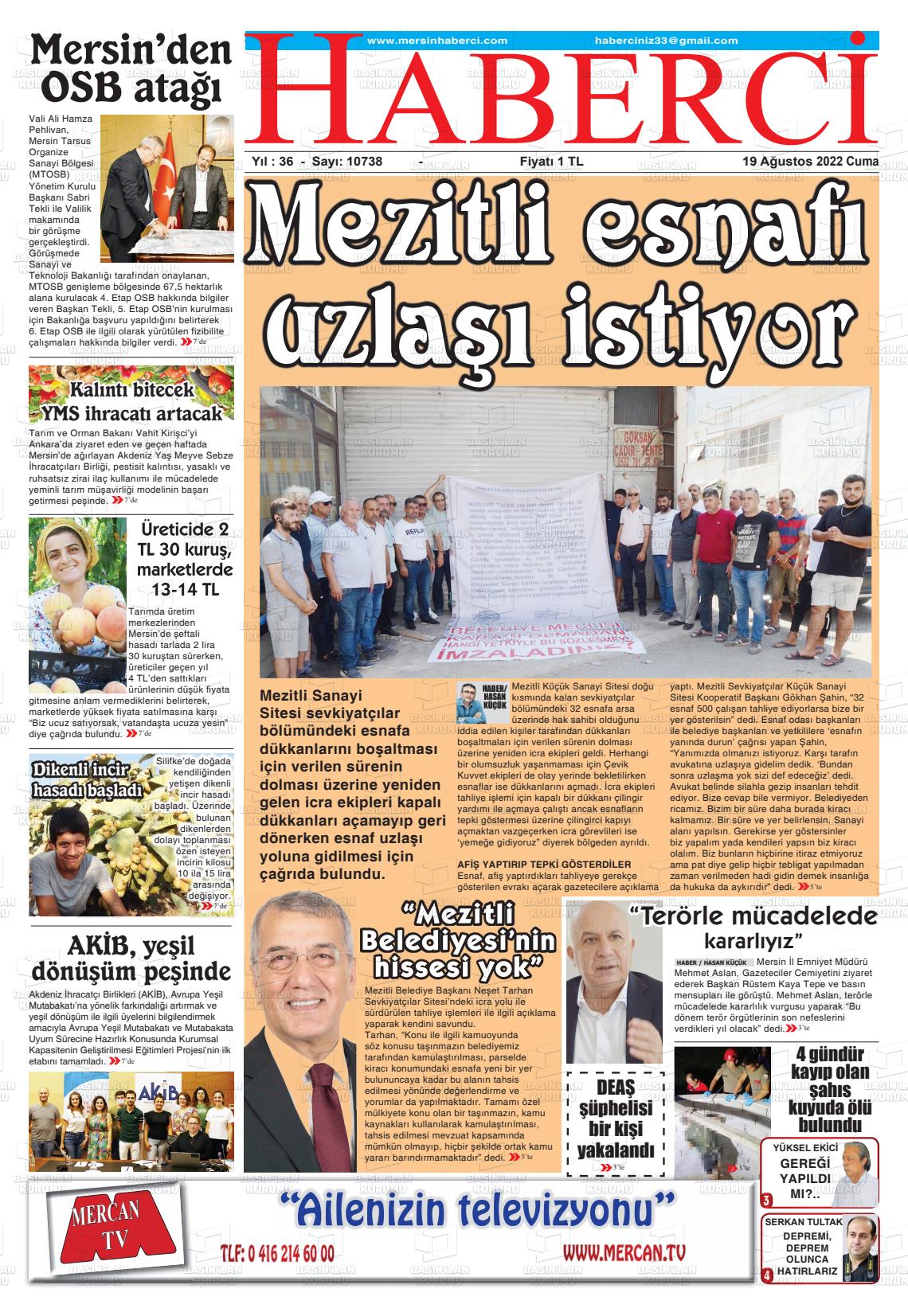19 Ağustos 2022 Mersin Haberci Gazete Manşeti