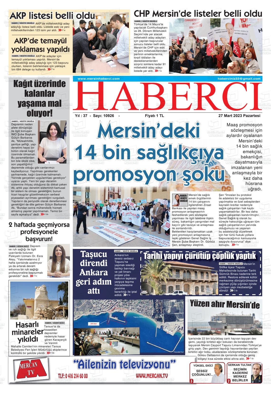 27 Mart 2023 Mersin Haberci Gazete Manşeti