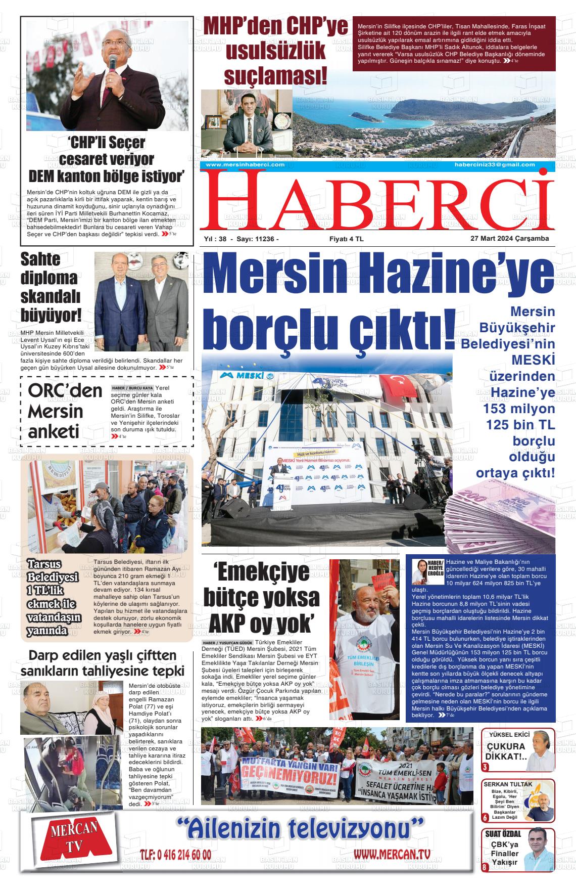 27 Mart 2024 Mersin Haberci Gazete Manşeti