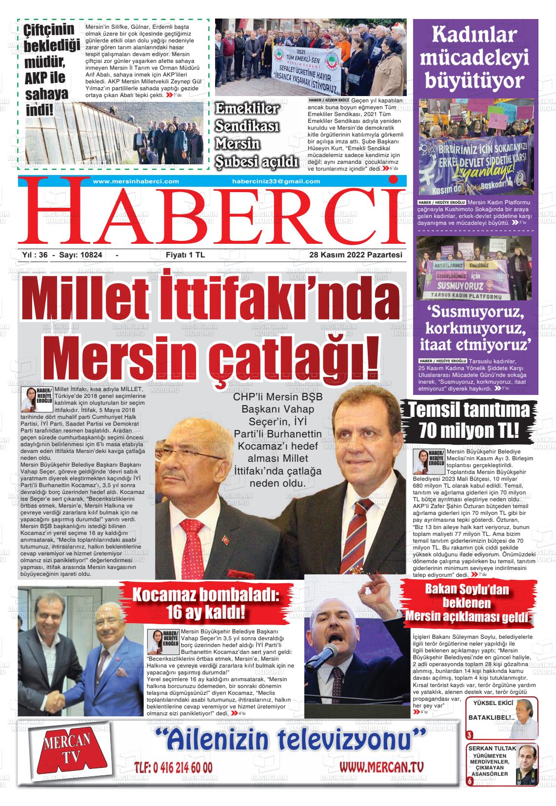 28 Kasım 2022 Mersin Haberci Gazete Manşeti