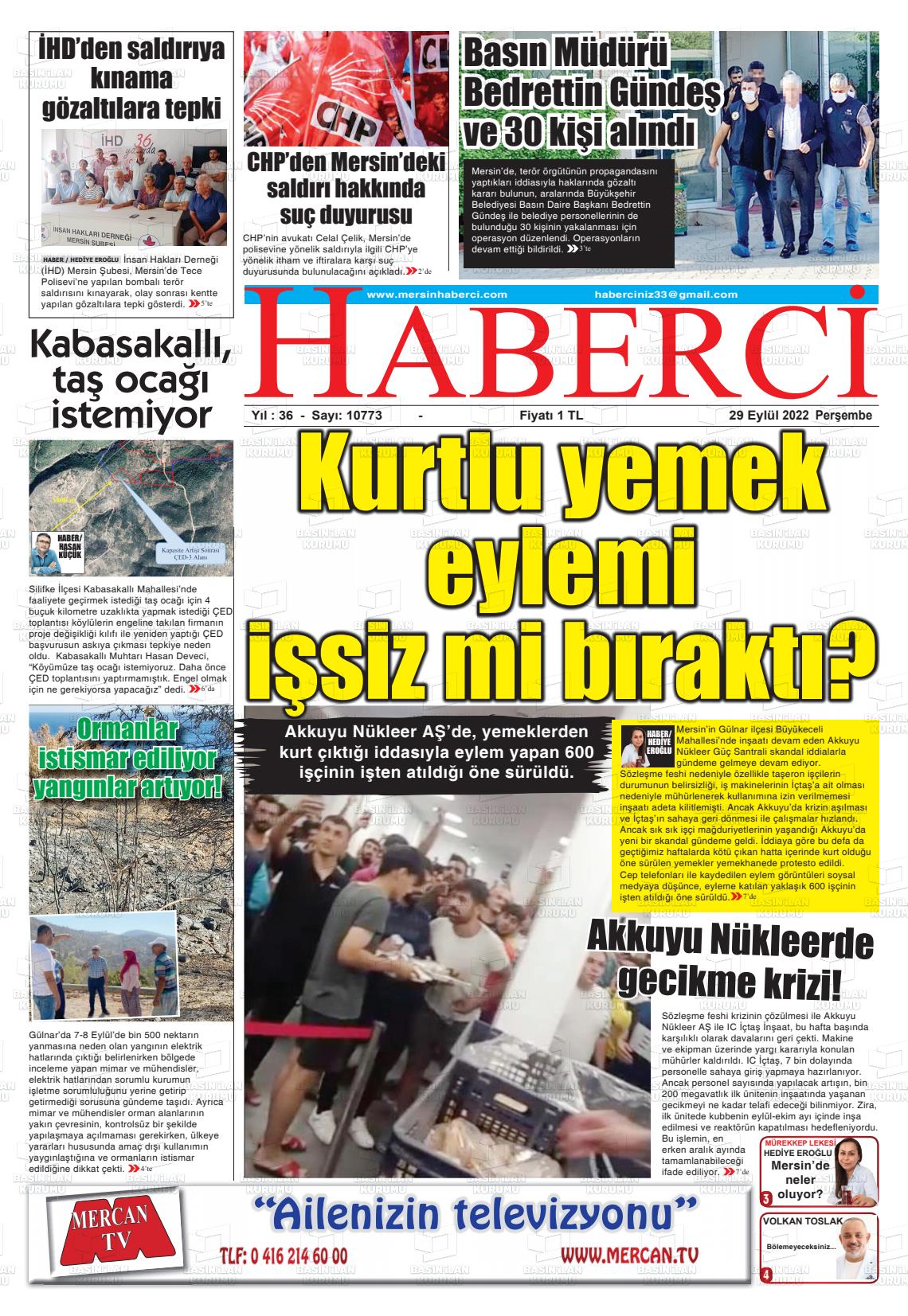 29 Eylül 2022 Mersin Haberci Gazete Manşeti