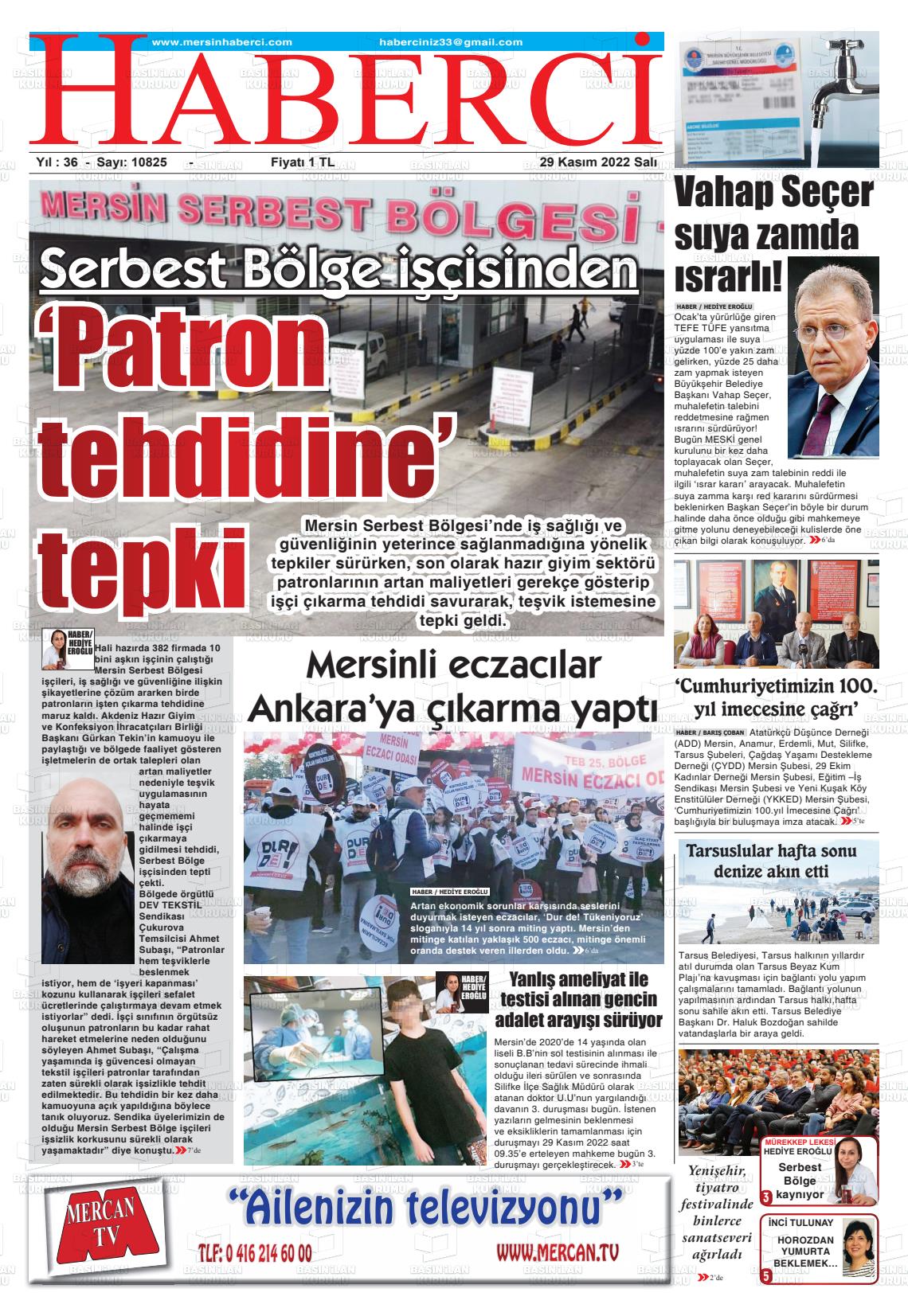 29 Kasım 2022 Mersin Haberci Gazete Manşeti
