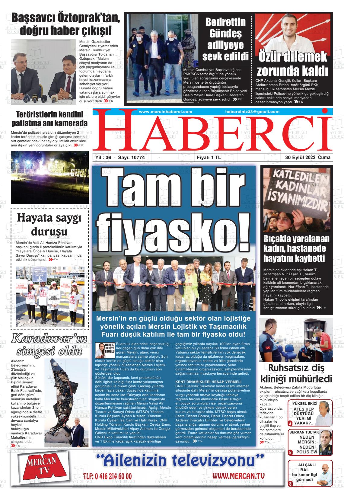 30 Eylül 2022 Mersin Haberci Gazete Manşeti
